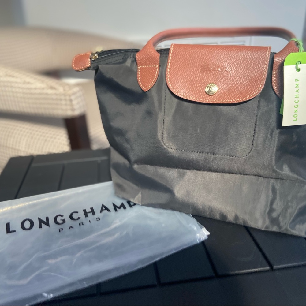 NWT Longchamp Le Pilage Black Tote with Brown Leather Trim